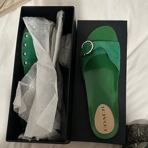 Coach Emerald Green Slide Sandals with Gold Buckle
